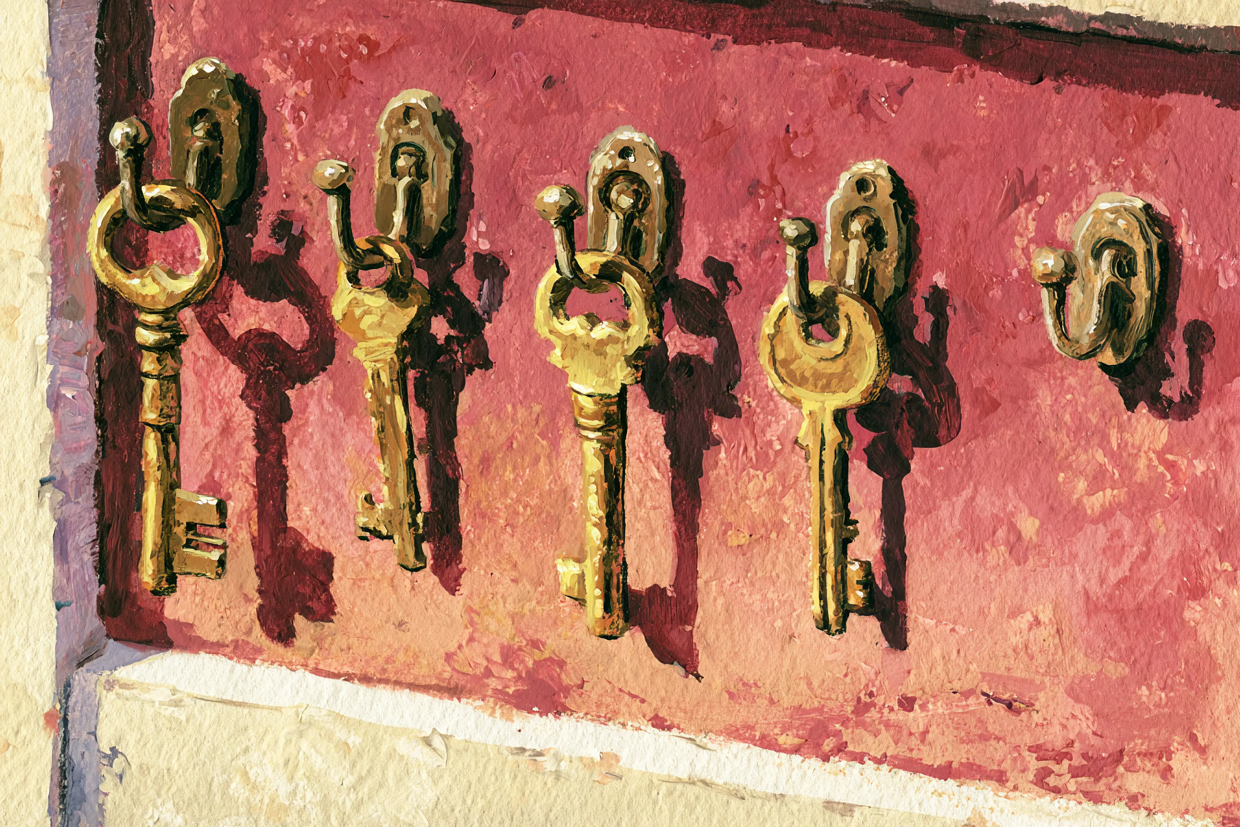 A row of brass keys on hooks — two already taken